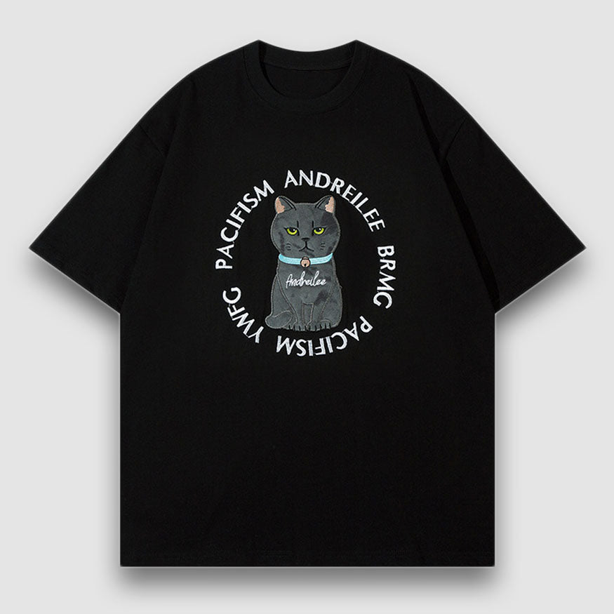 T-Shirt mit Patch und Cartoon-Katzen-Muster