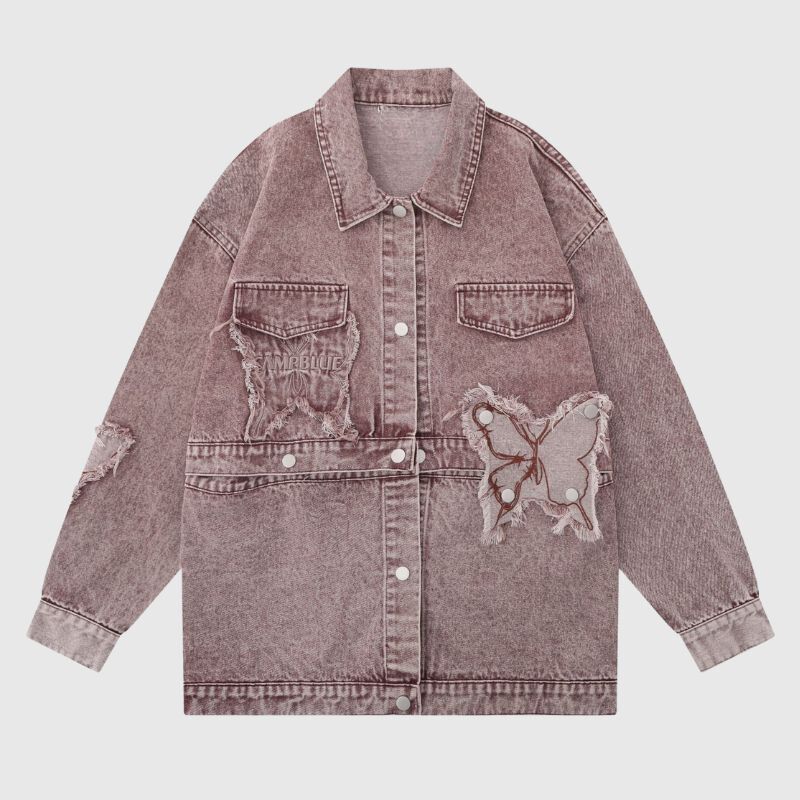 Chaqueta vaquera desgastada con bordado de mariposas