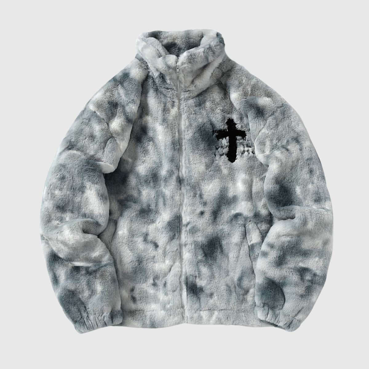 Flauschige Sherpa-Steppjacke mit Batikmuster