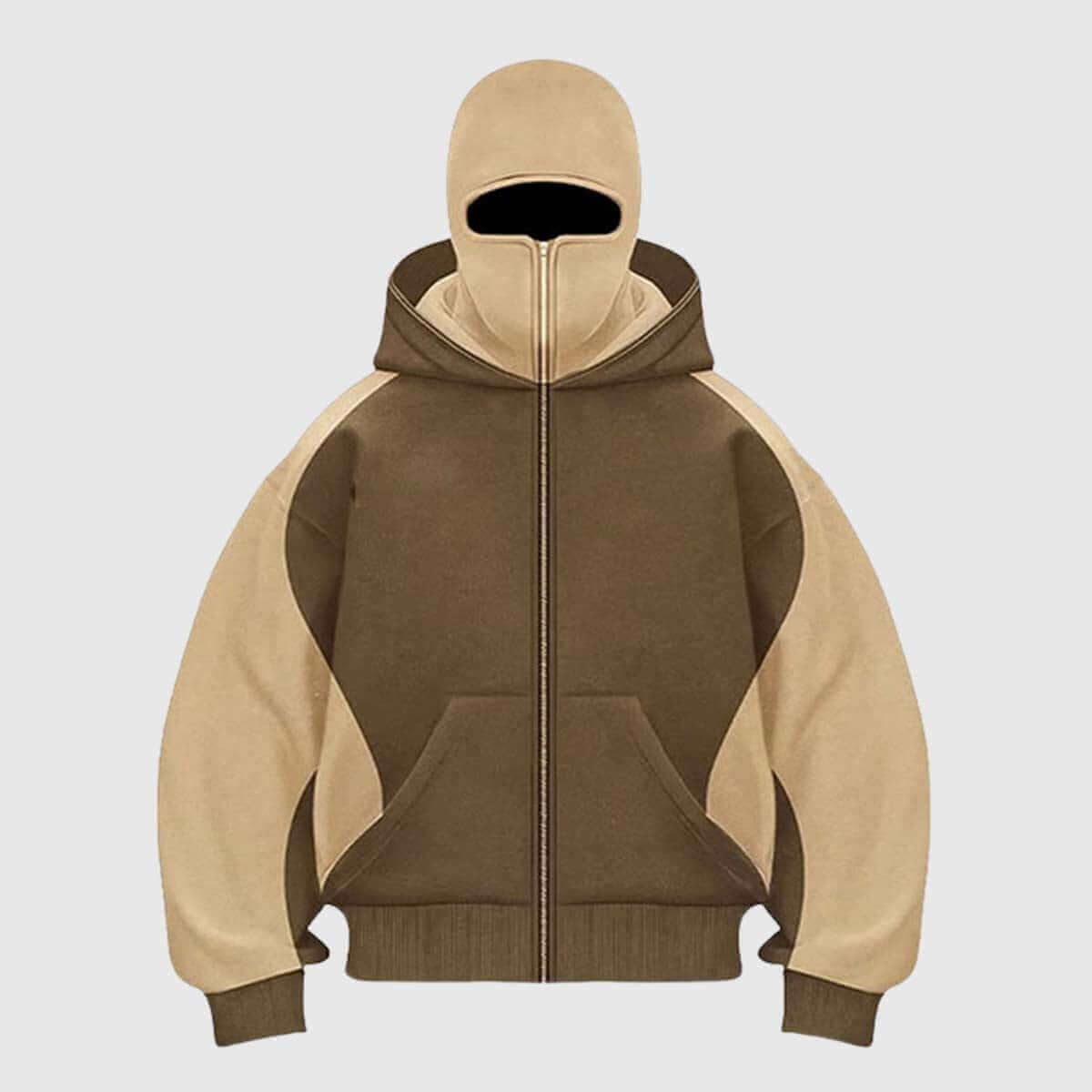 Y2K colorblock hoodie in trendy green and beige, featuring a zip front, adjustable drawstring, and cozy design.