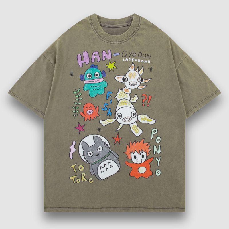 Washed Distressed Anime Pinted Tee