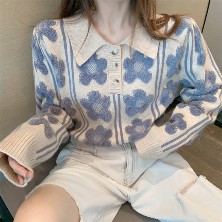 Pullover mit Polokragen und Blumenmuster