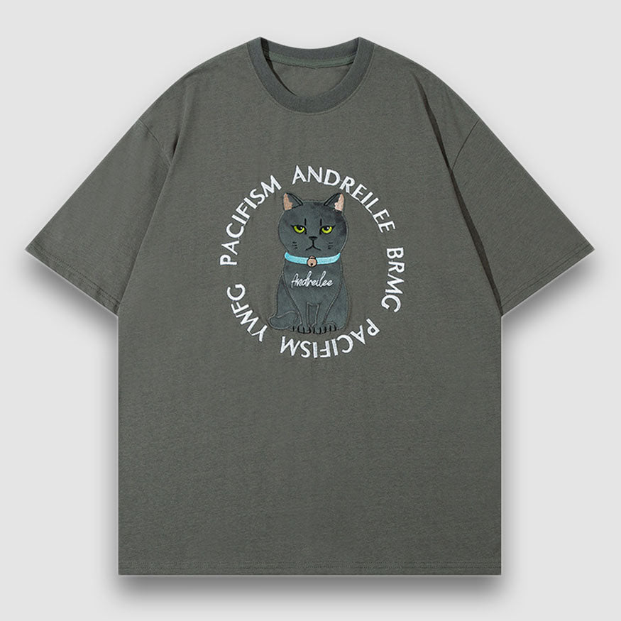 T-Shirt mit Patch und Cartoon-Katzen-Muster