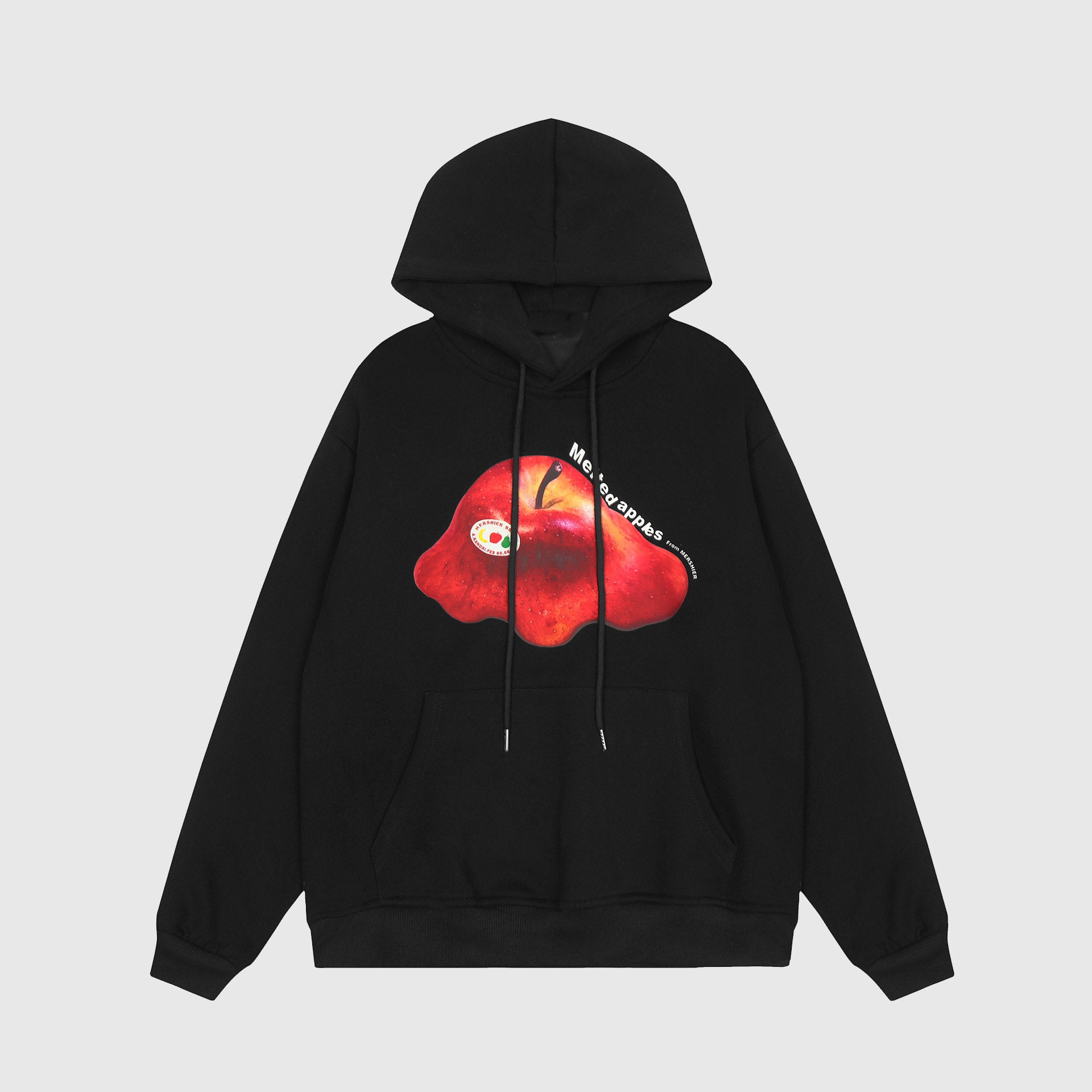 Vintage print fleece hoodie with oversized fit and apple design, perfect for autumn layering.