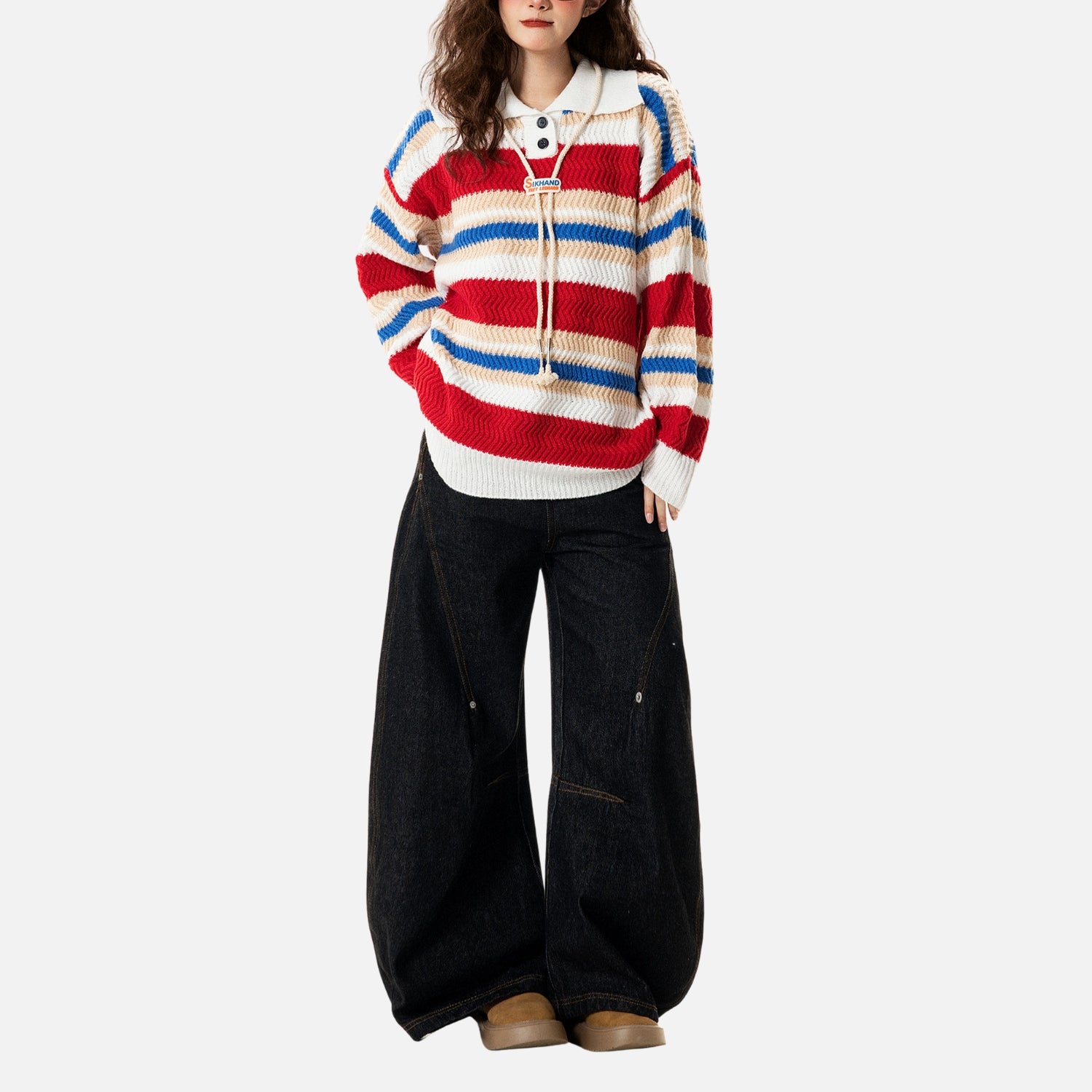 Colorblock Striped Polo Knit Sweater