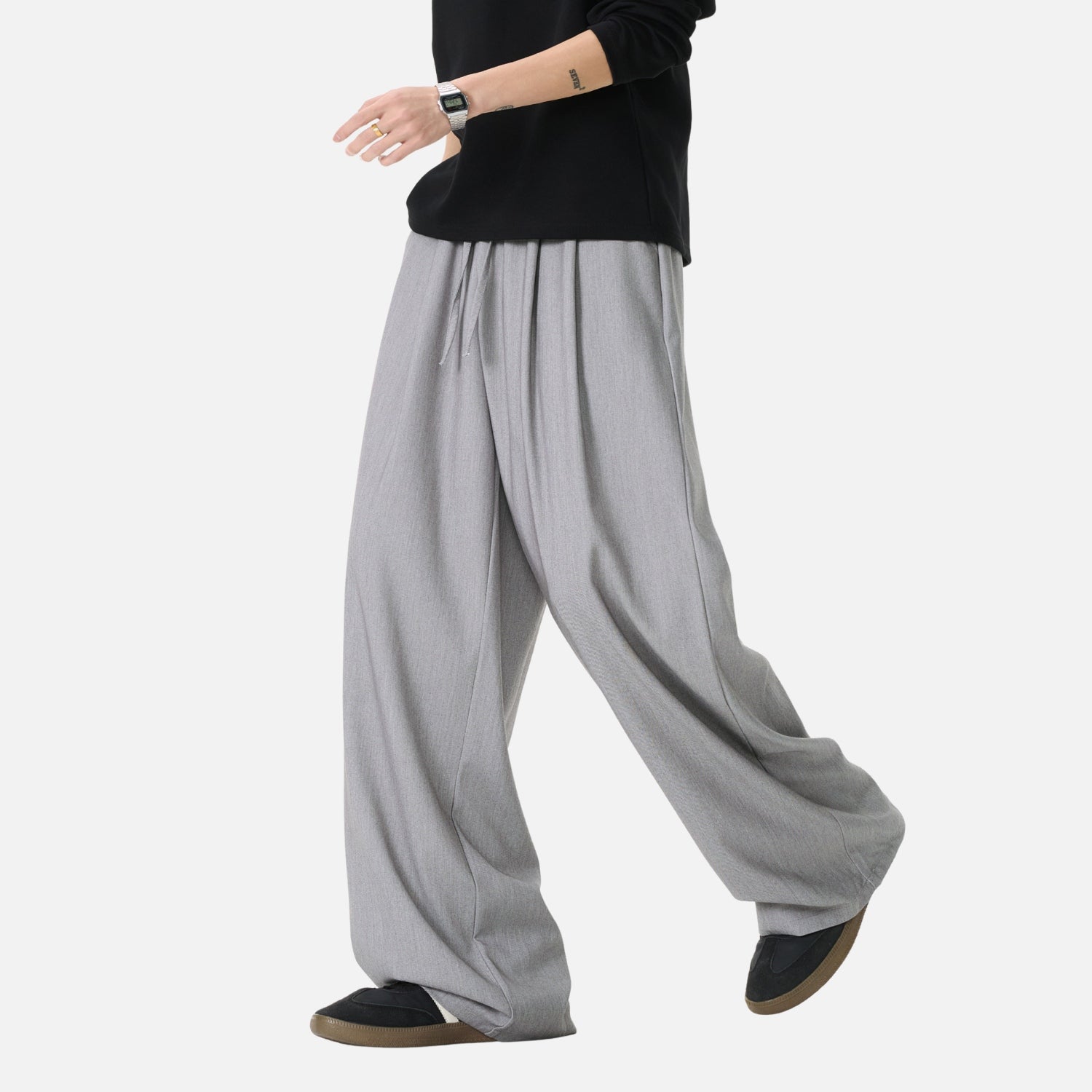 Draped Double-Pleated Casual Pants