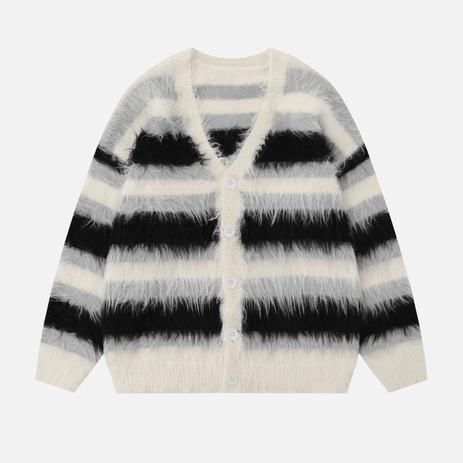 Striped Fleece-Lined V-Neck Sweater
