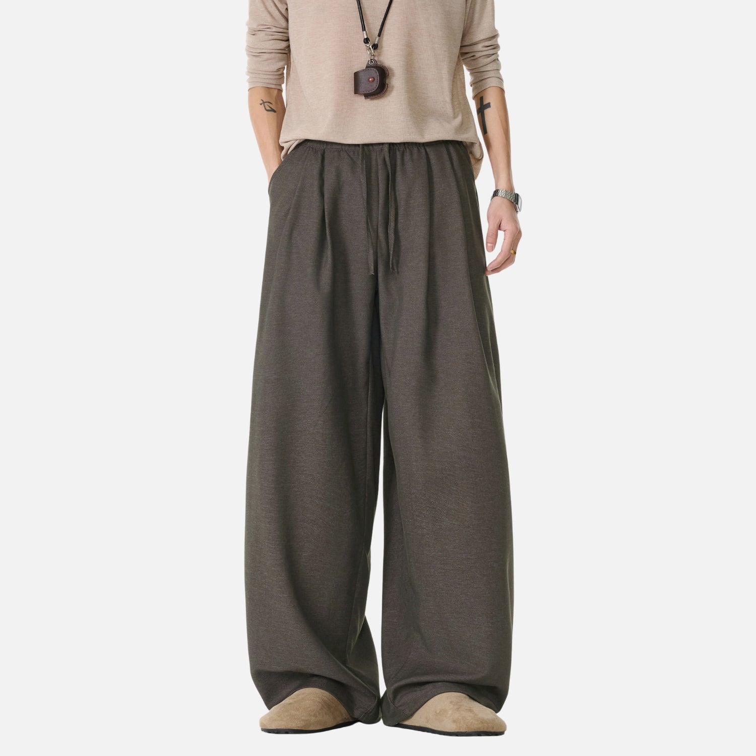 Draped Double-Pleated Casual Pants