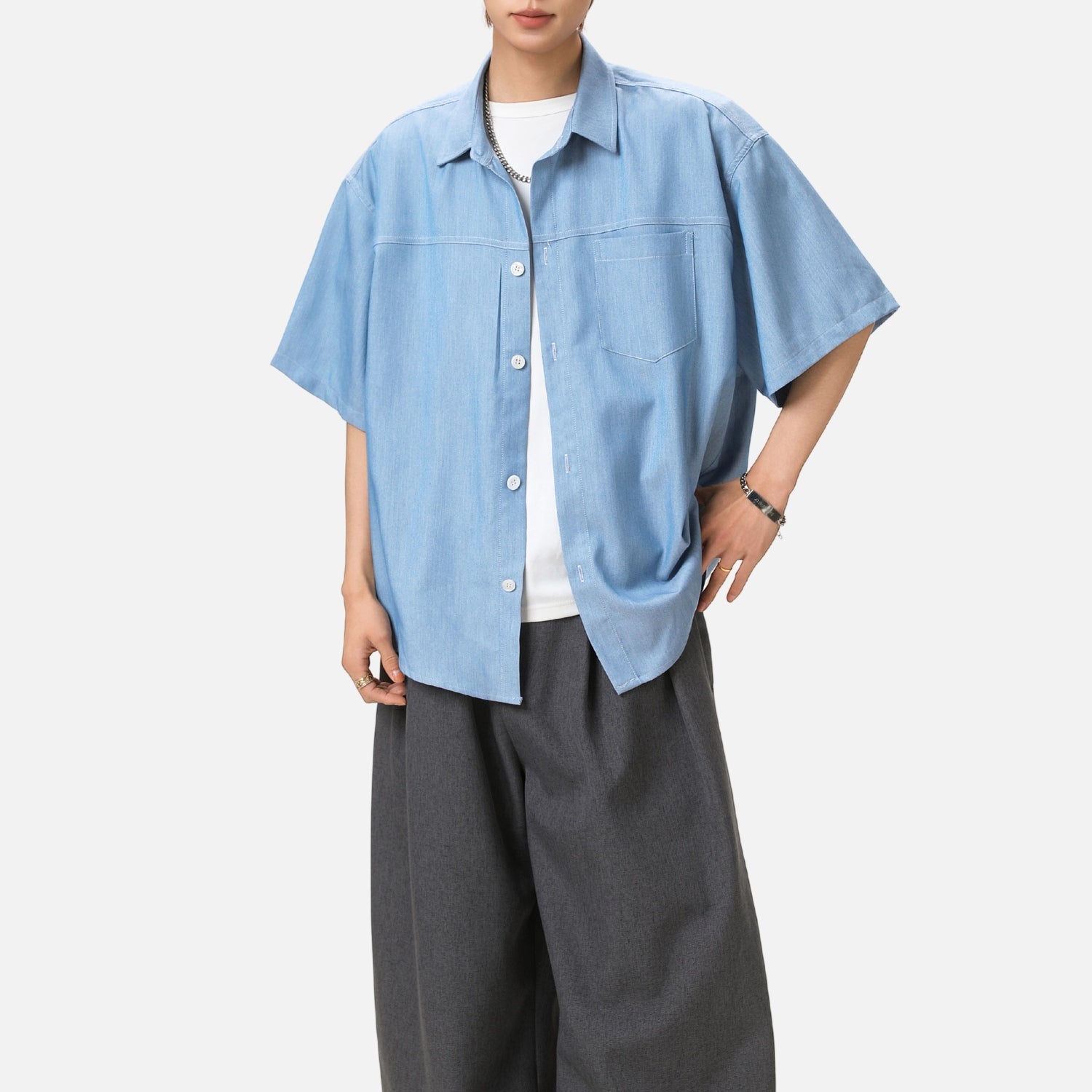 Retro Contrast-Stitch Denim-Look Shirt