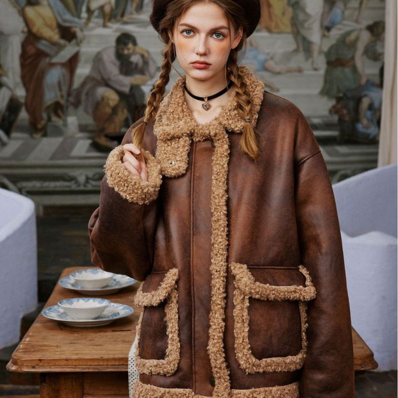 Vintage Faux Shearling PU Leder Motorradmantel