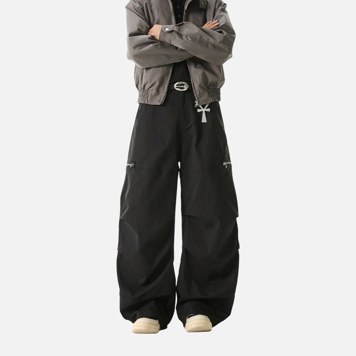 Pleated Slant Cargo Baggy Pants