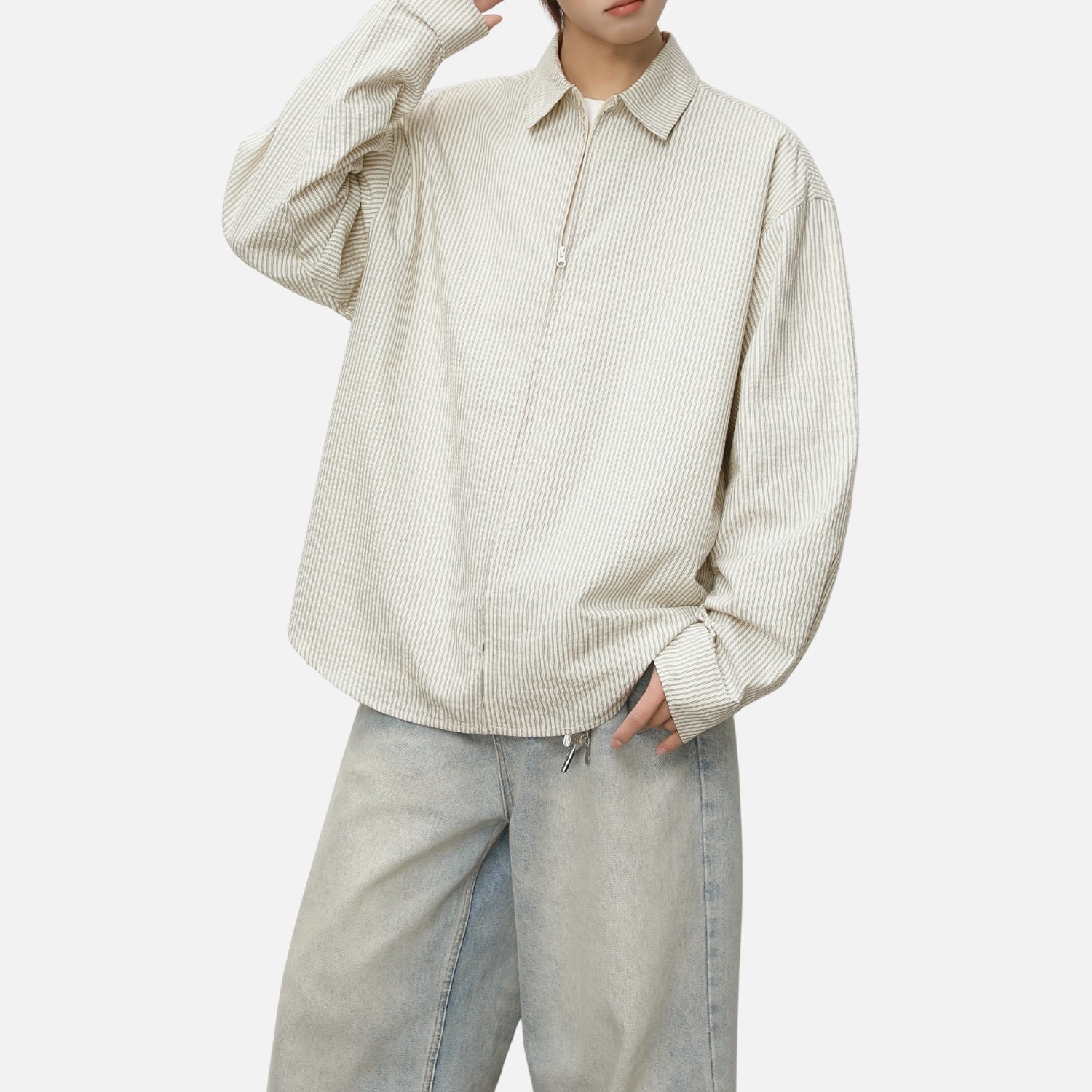 Japanese Zip-Up Striped Shirt Jacket