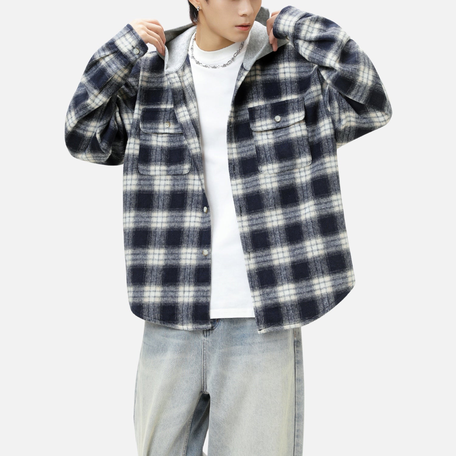 Colorblock Brushed Plaid Hoodie Shirt
