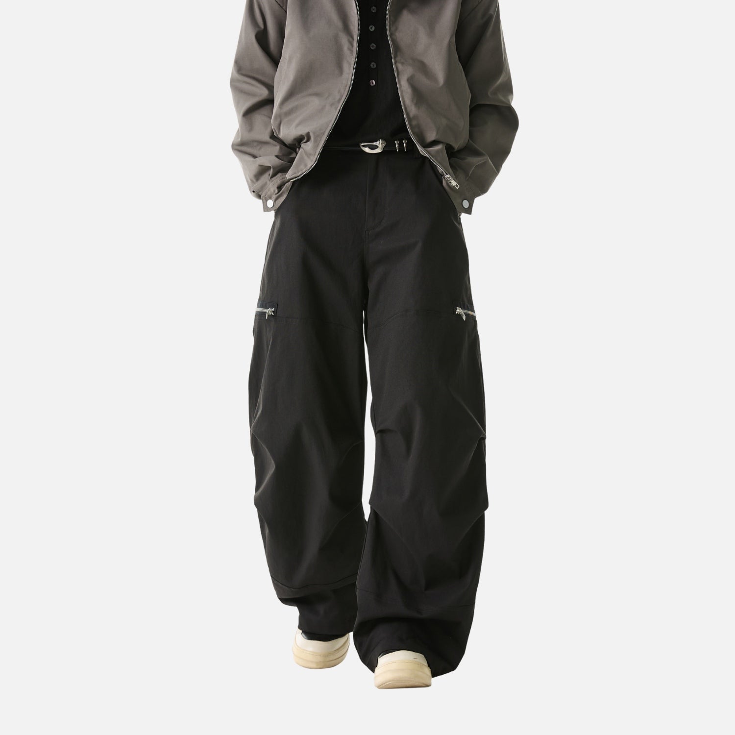 Pleated Slant Cargo Baggy Pants