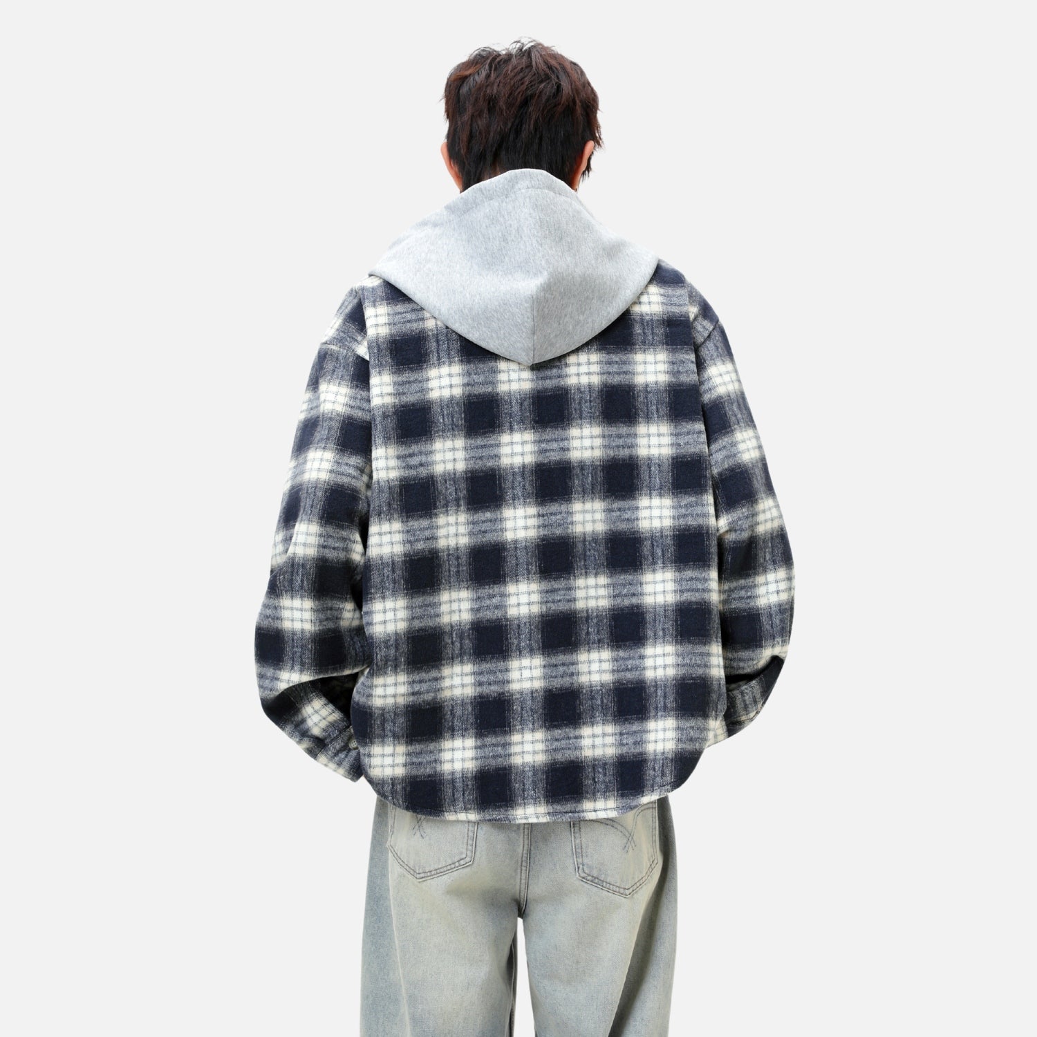 Colorblock-Hoodie mit gebürstetem Karomuster 