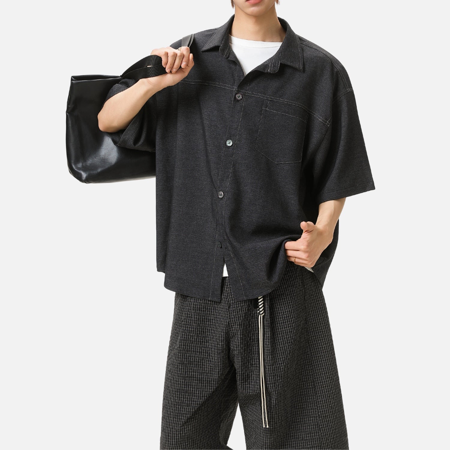 Retro Contrast-Stitch Denim-Look Shirt