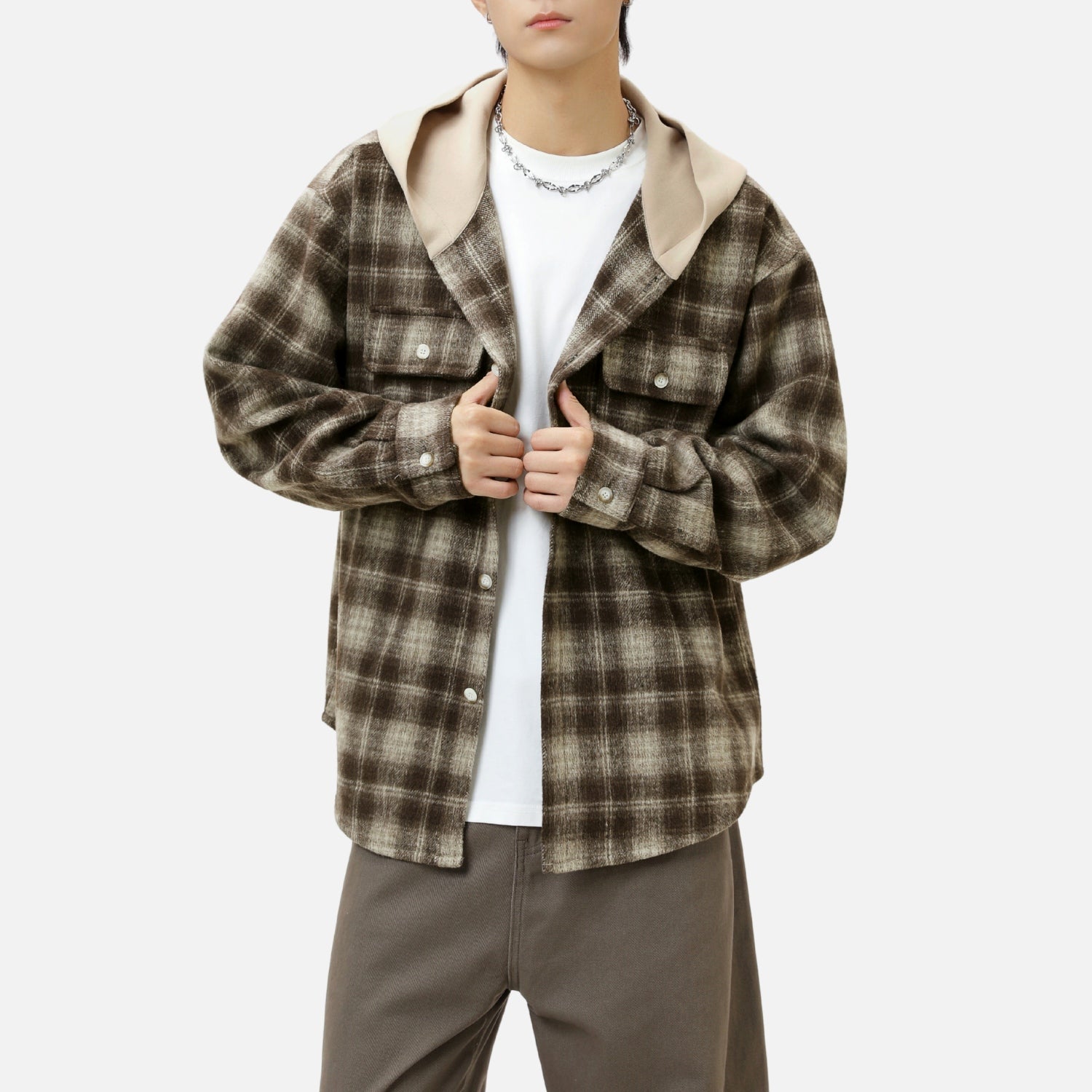 Colorblock Brushed Plaid Hoodie Shirt