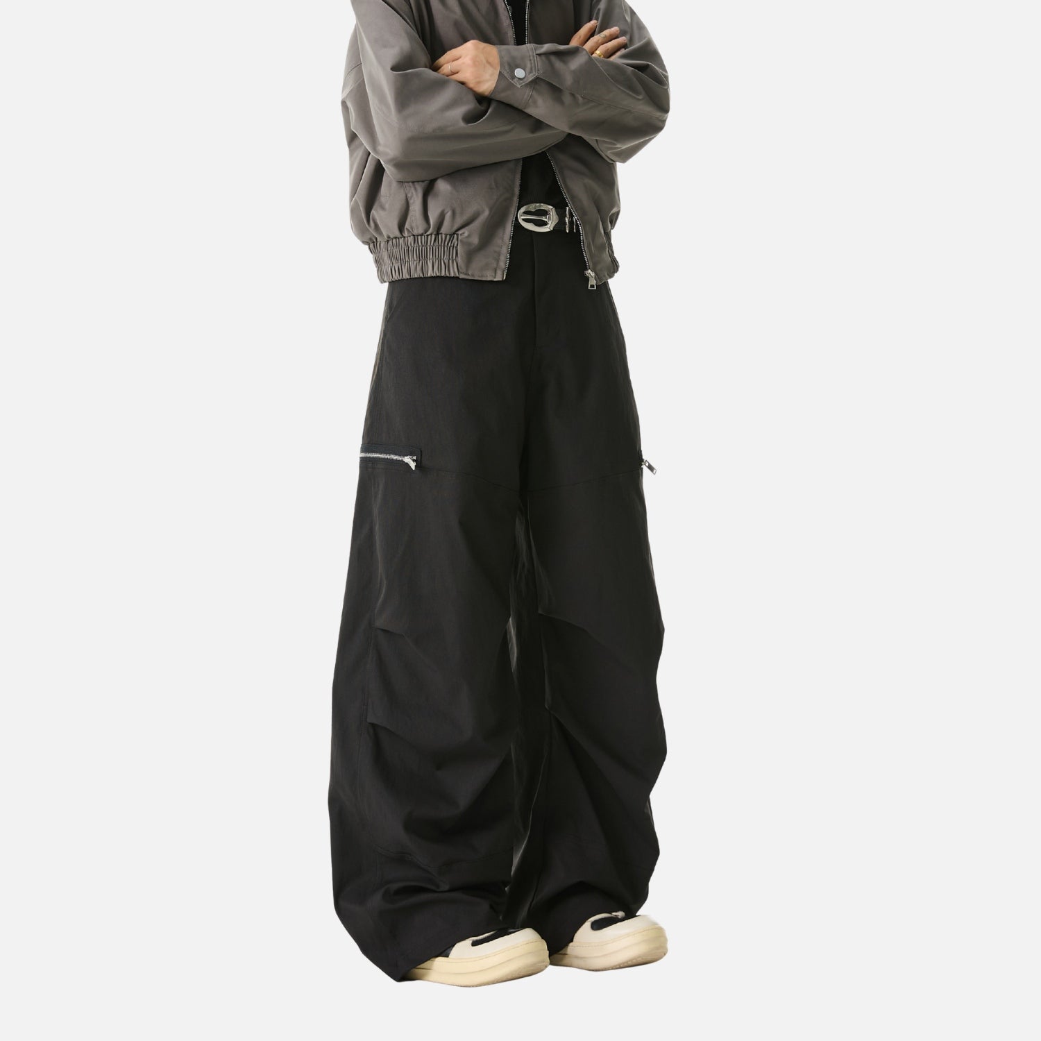 Pleated Slant Cargo Baggy Pants