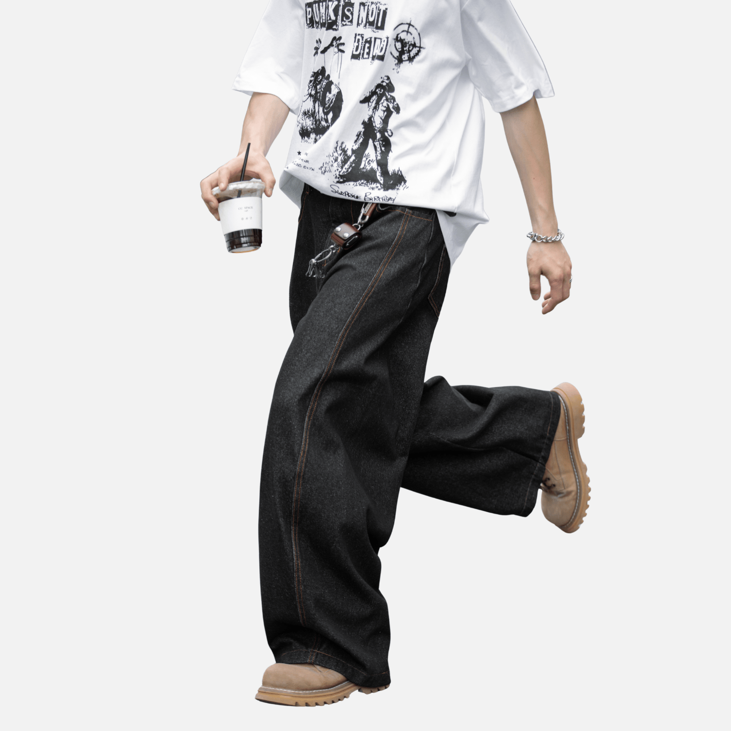 Topstitch Slant Baggy Denim Pants