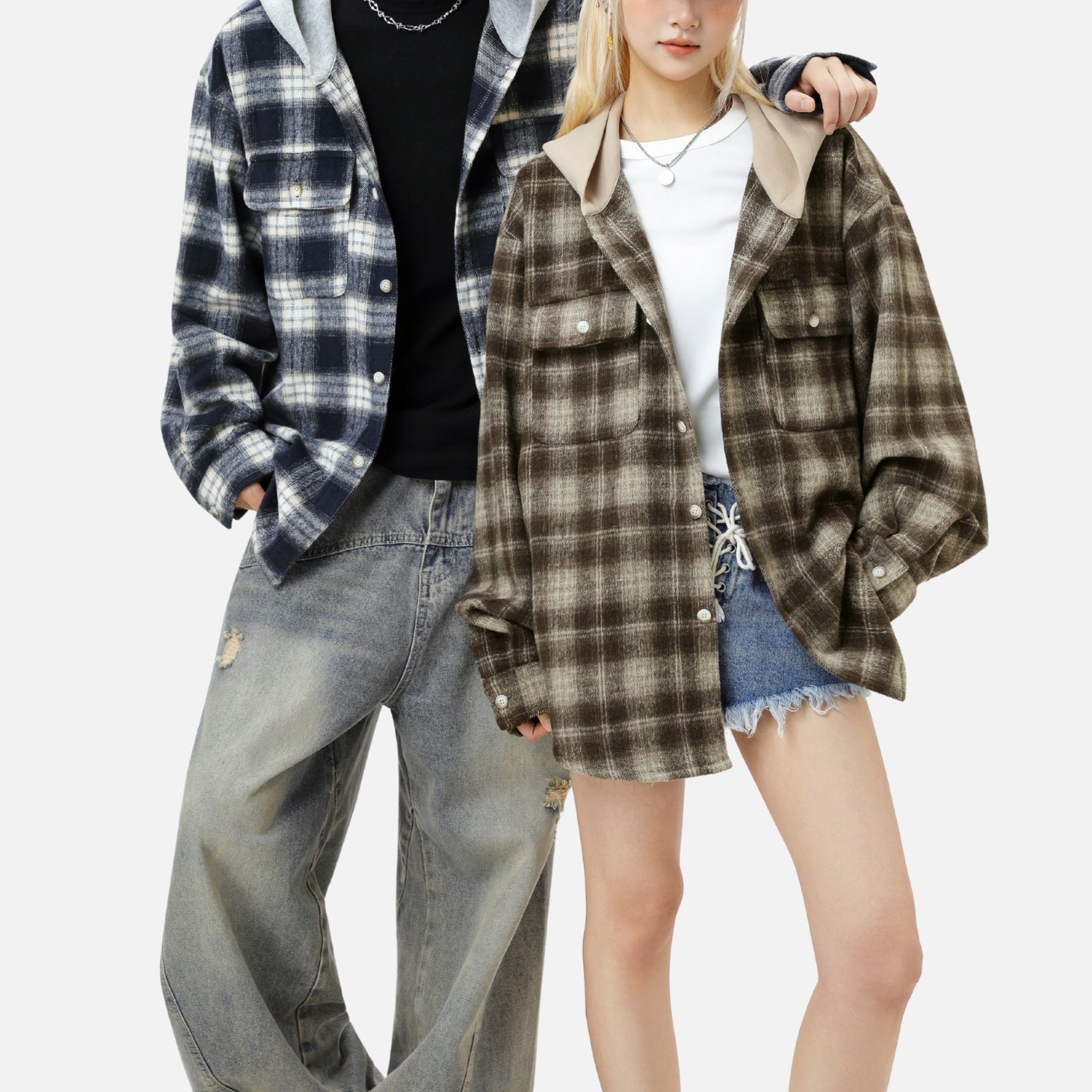 Colorblock-Hoodie mit gebürstetem Karomuster 