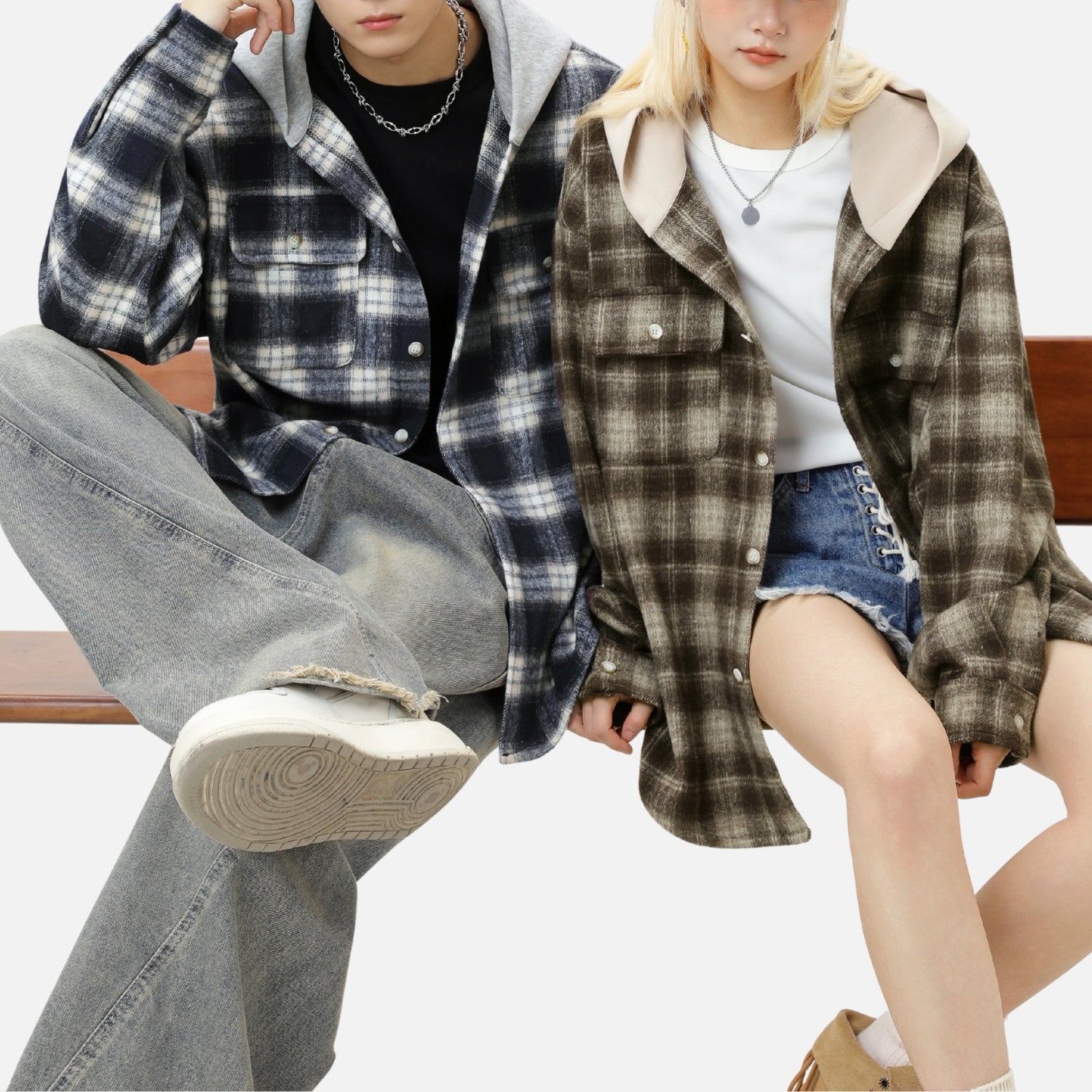 Colorblock-Hoodie mit gebürstetem Karomuster 