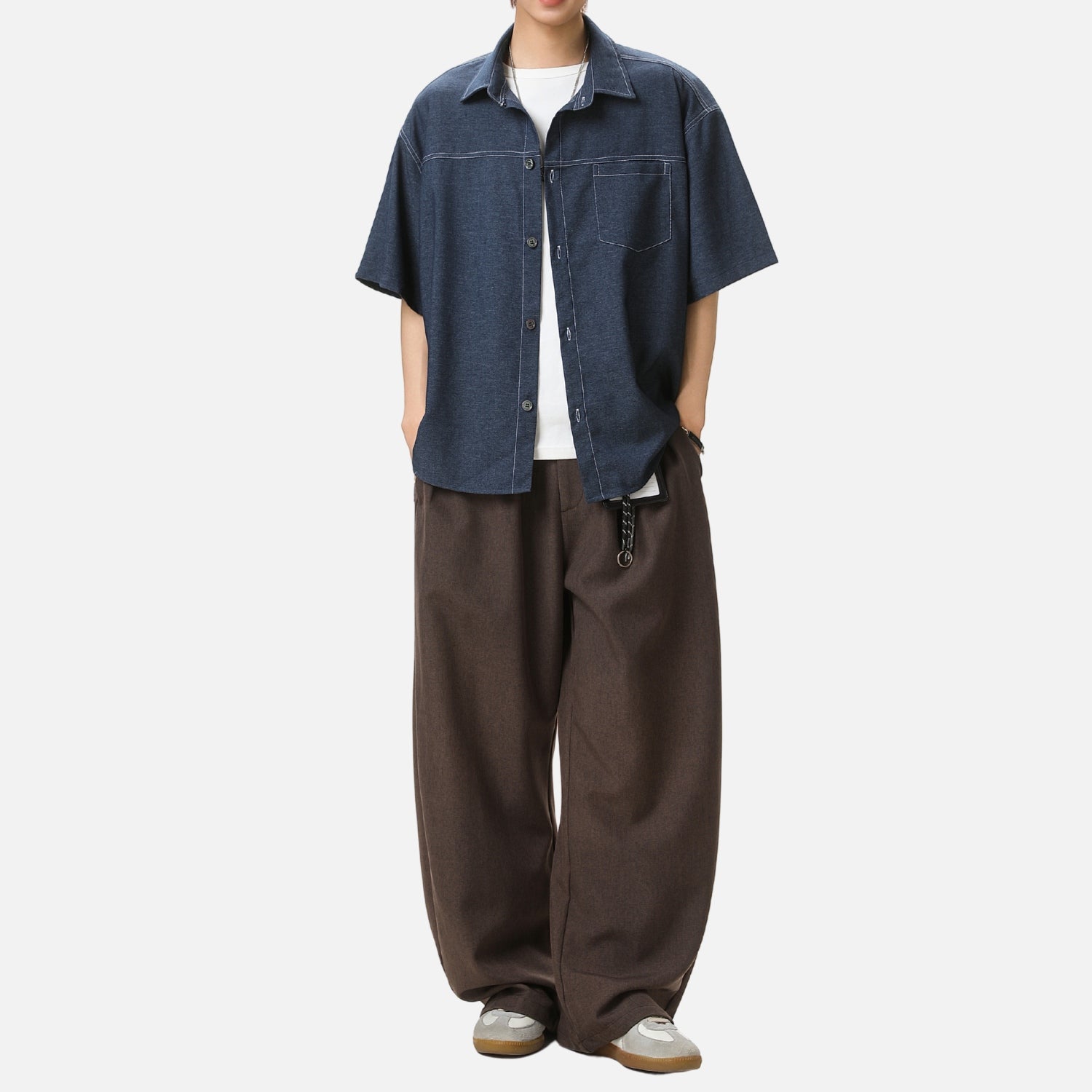 Retro Contrast-Stitch Denim-Look Shirt