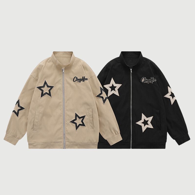 Chaqueta vintage con cuello alto y bordado de estrellas
