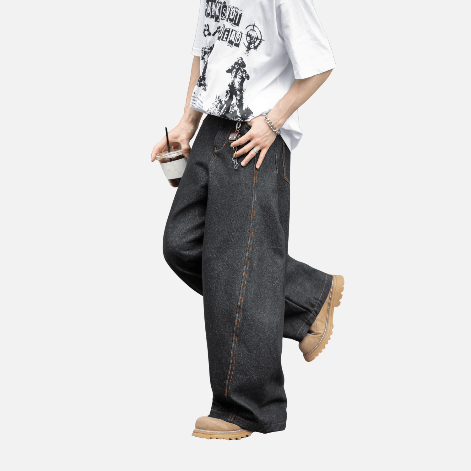 Topstitch Slant Baggy Denim Pants