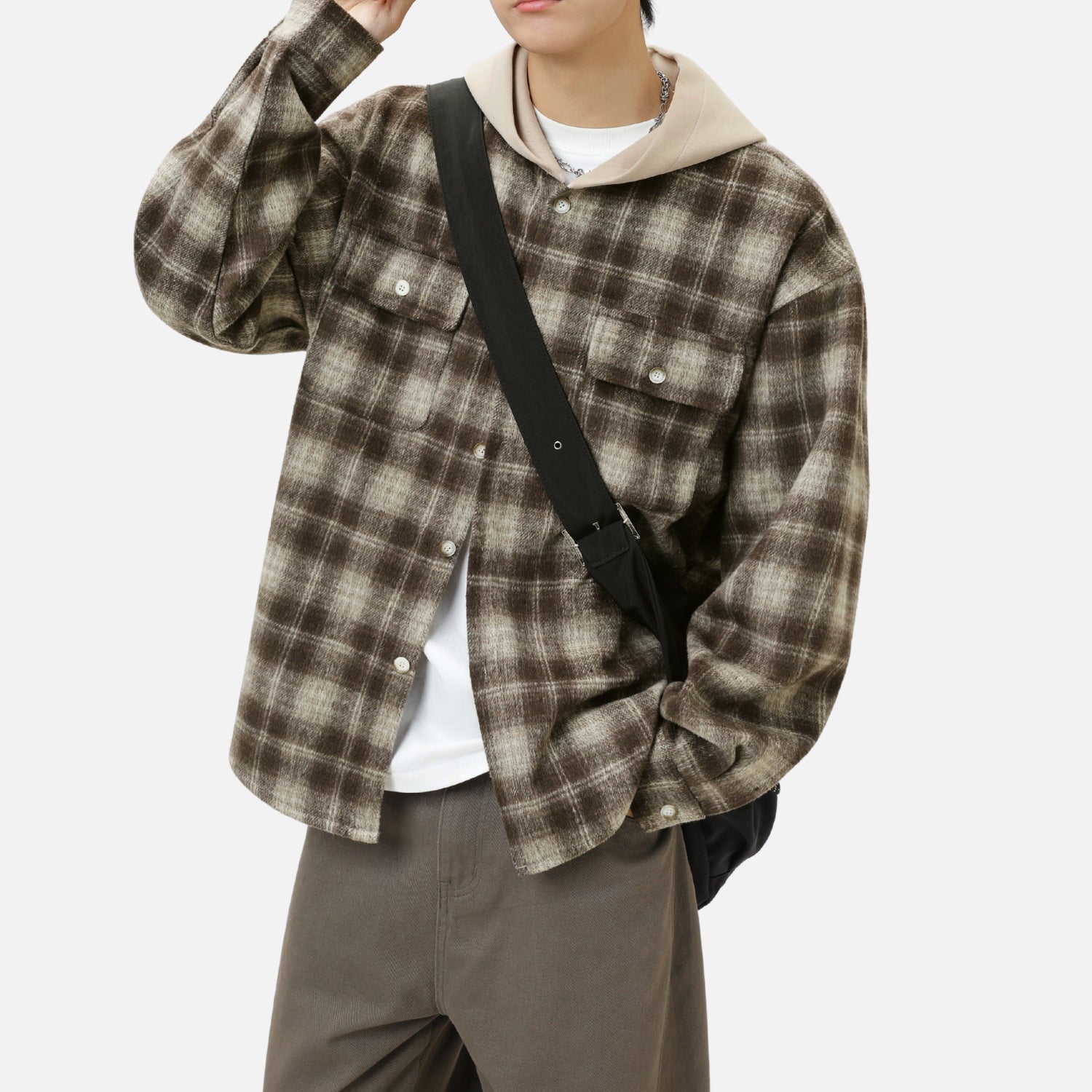 Colorblock Brushed Plaid Hoodie Shirt