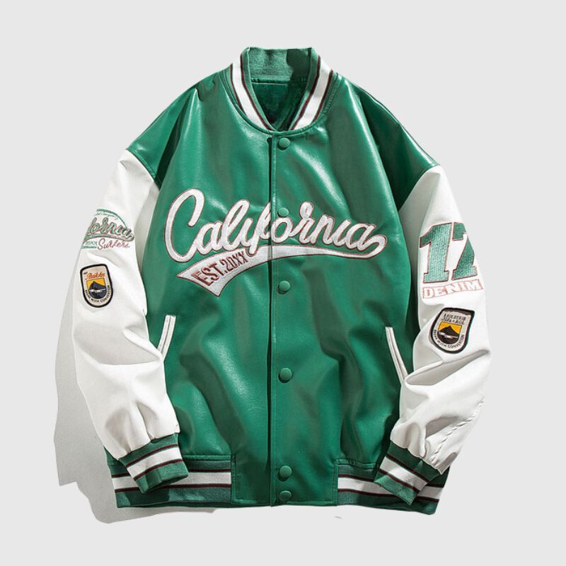 Embroidered PU Leather Baseball Jacket