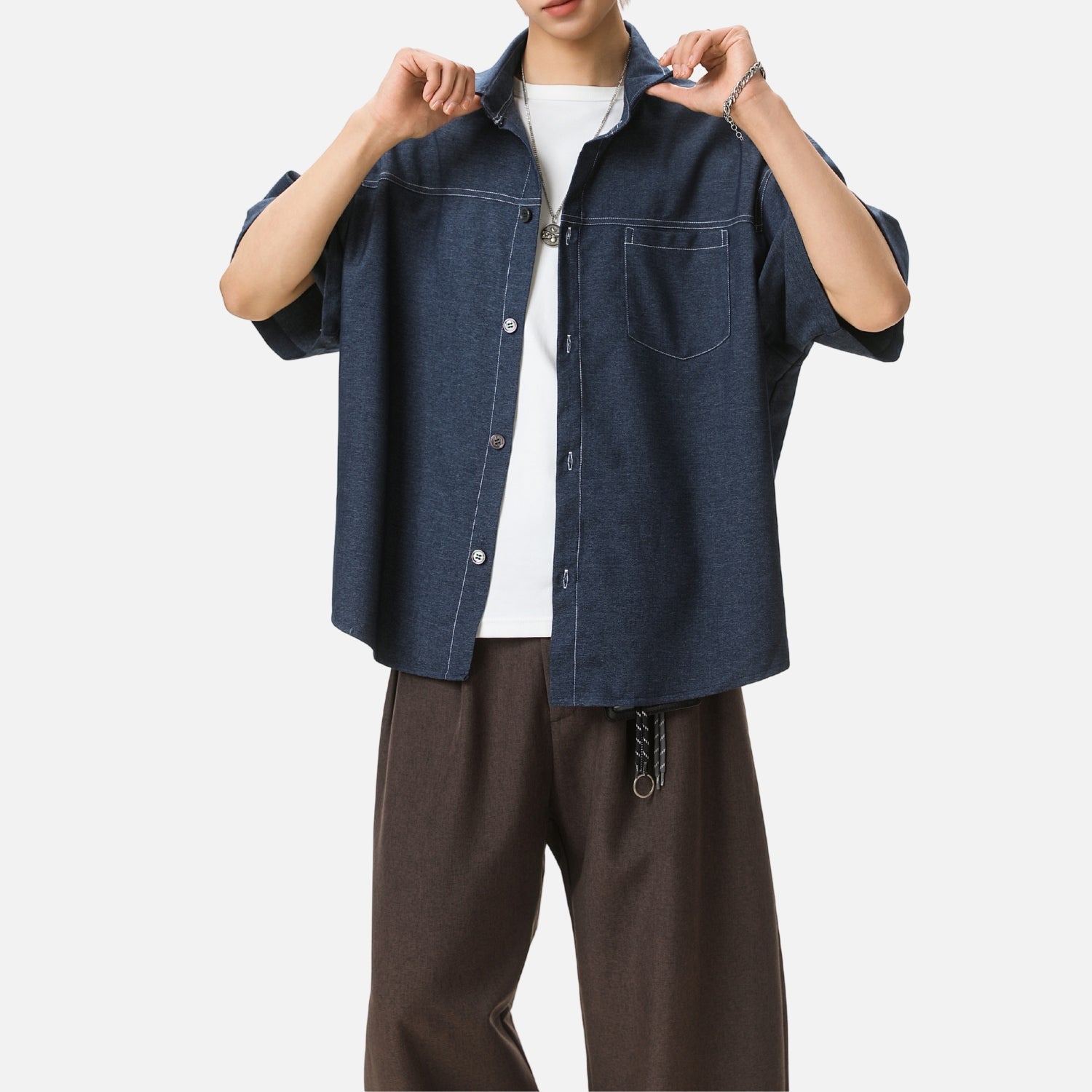 Retro Contrast-Stitch Denim-Look Shirt