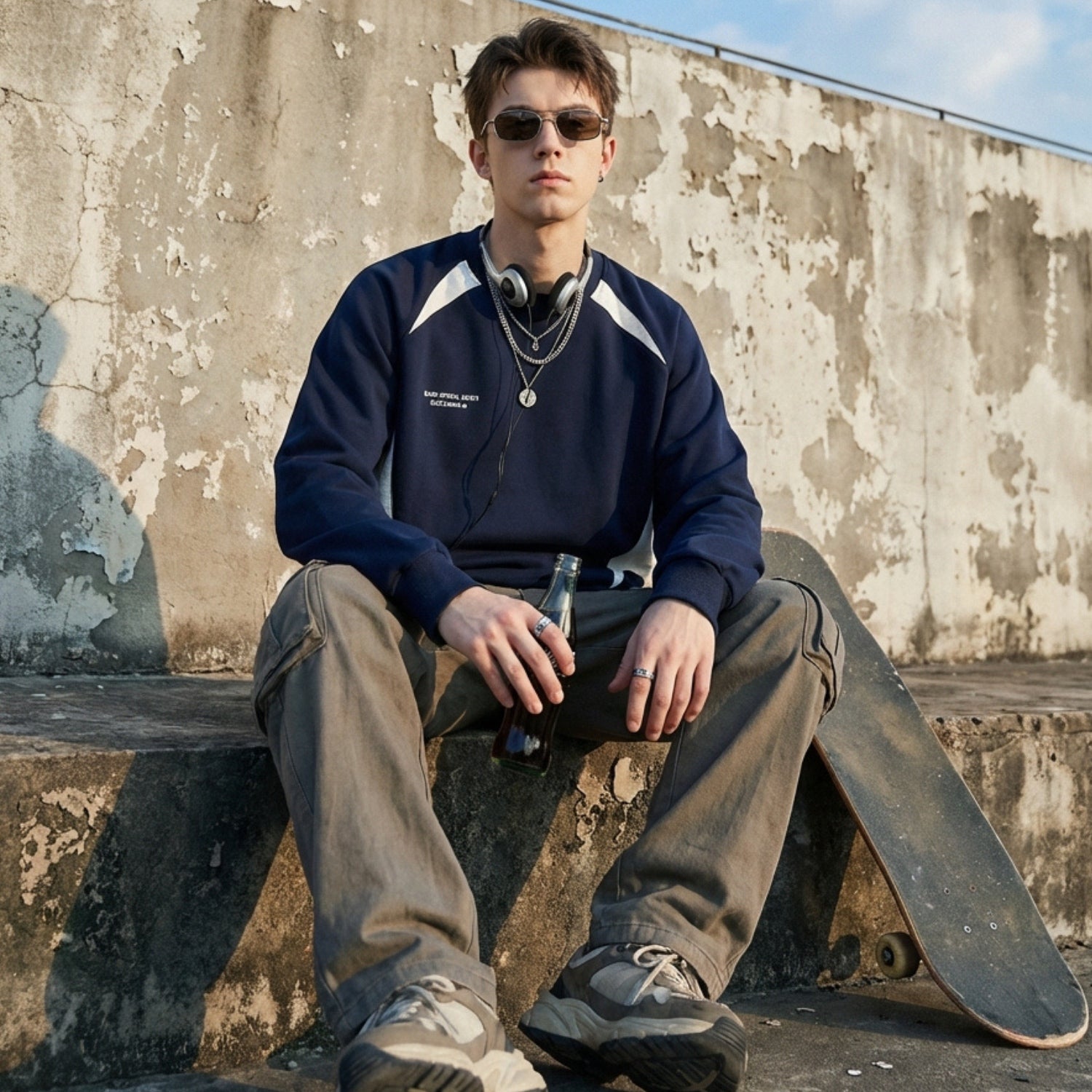 Sudadera de cuello redondo con bloques de color y retazos