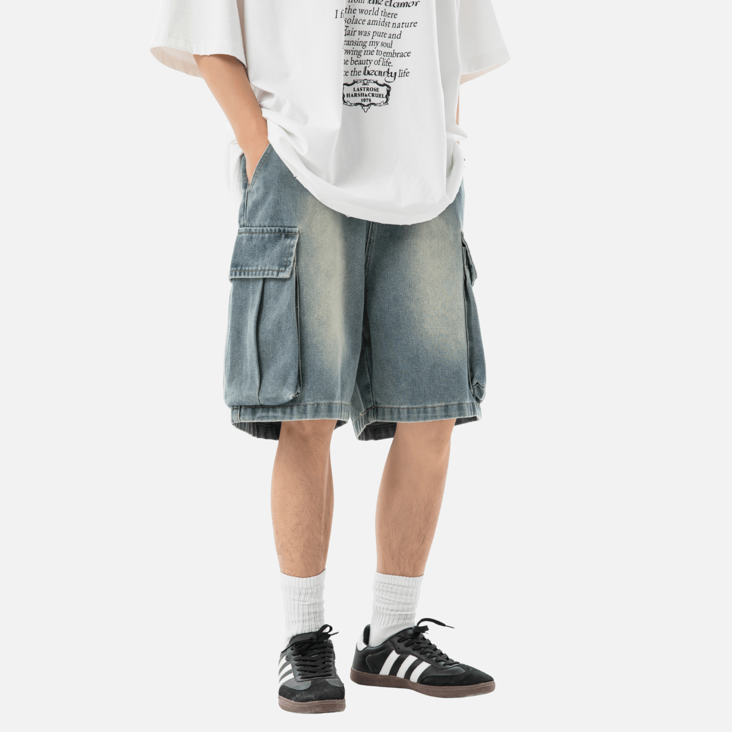 Washed Denim Cargo Shorts