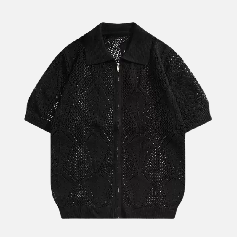 Hollow-Out Zip-Up Knit Polo
