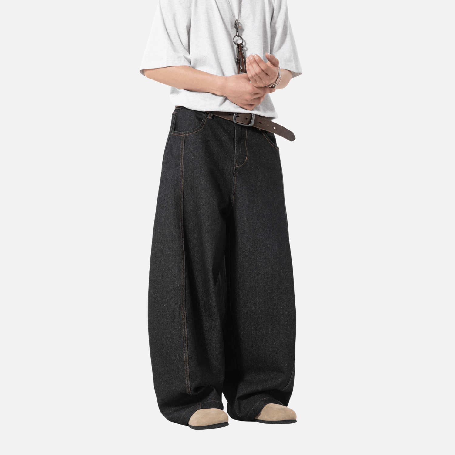 Topstitch Slant Baggy Denim Pants
