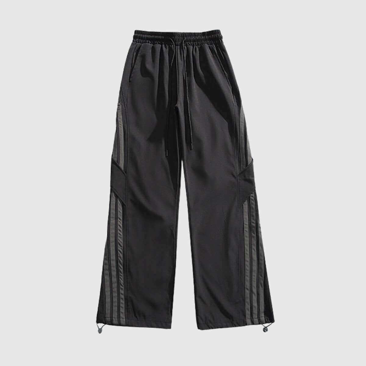 Black side stripe sweatpants with adjustable waistband for comfort and style, perfect for casual outfits.