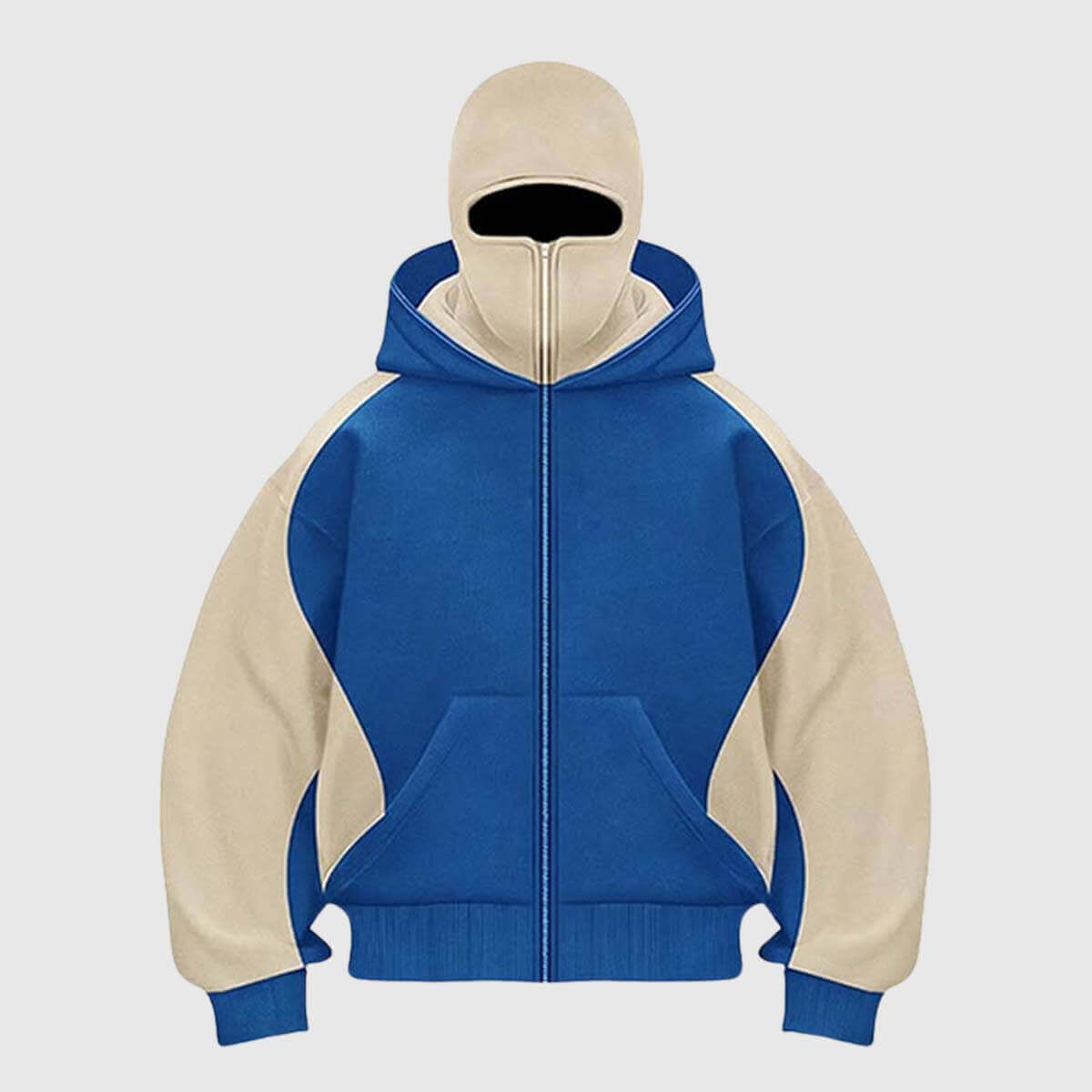 Y2K colorblock hoodie in blue and beige with adjustable drawstring for a casual and trendy street style look.