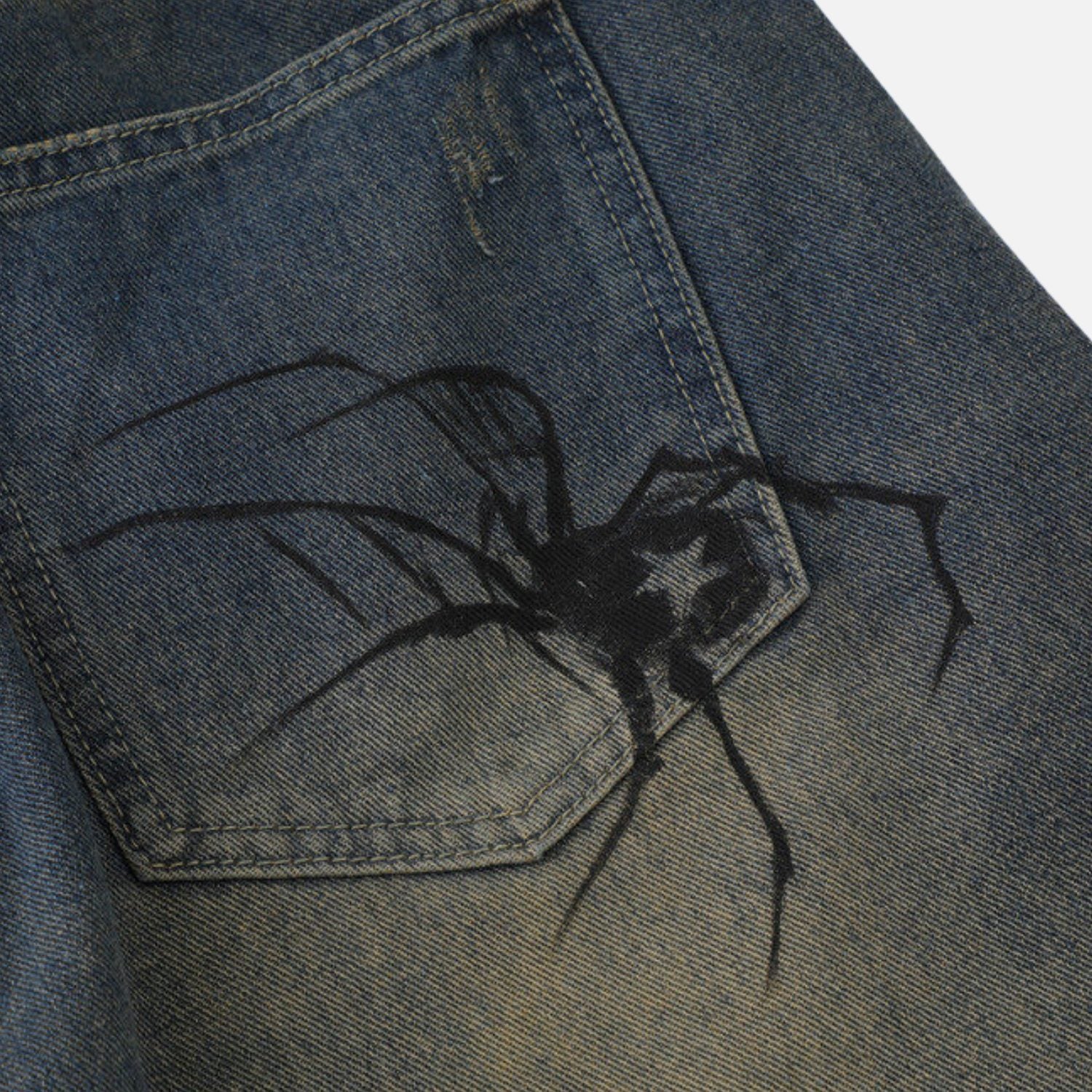 Spider Graphic Washed Denim Shorts