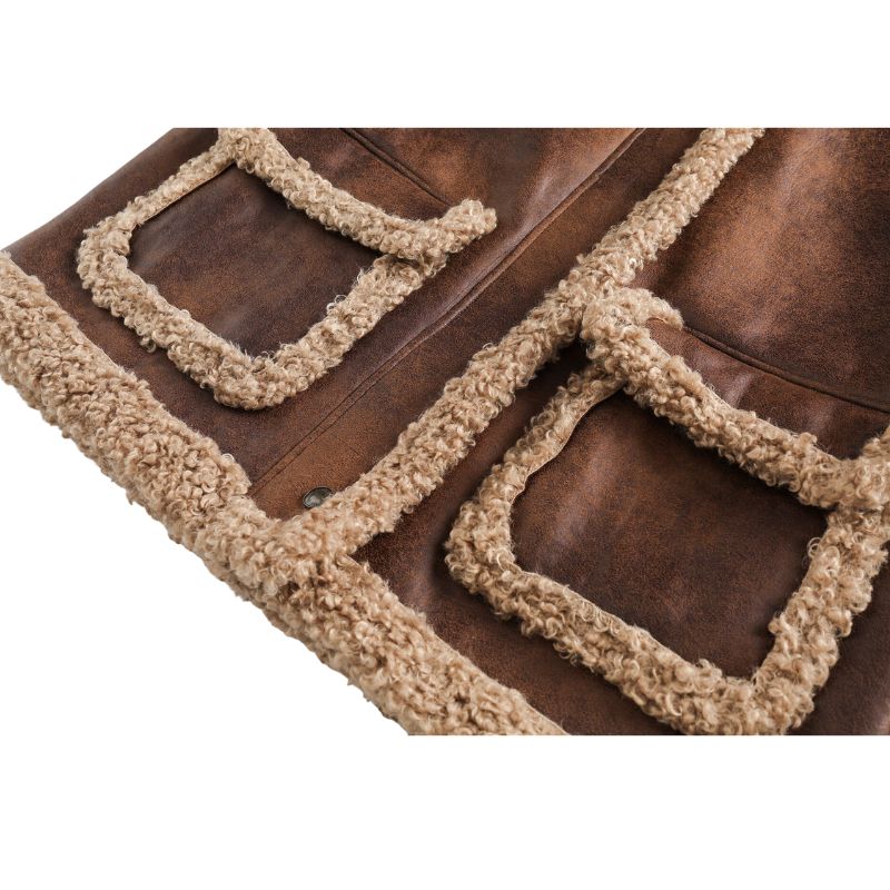 Vintage Faux Shearling PU Leder Motorradmantel