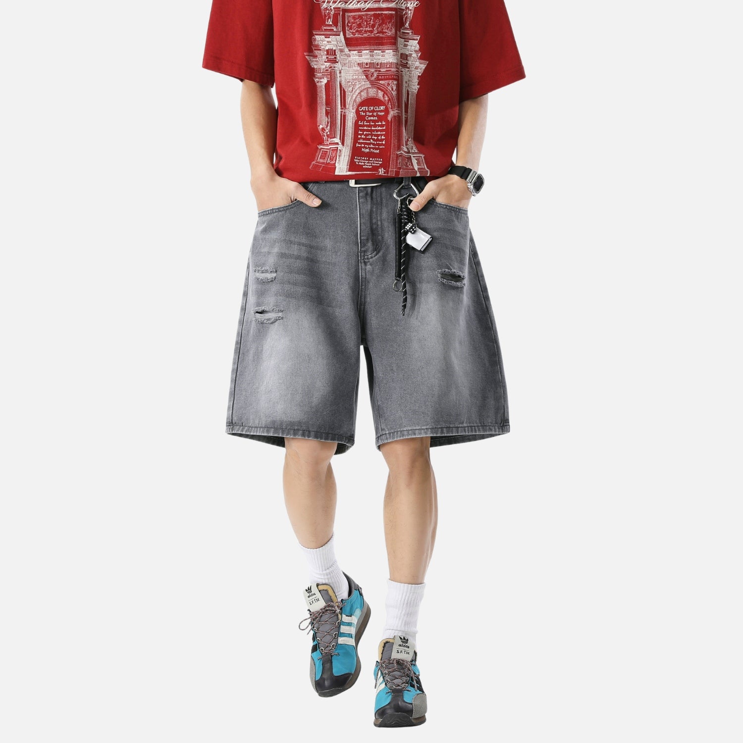 Ripped Washed Denim Shorts