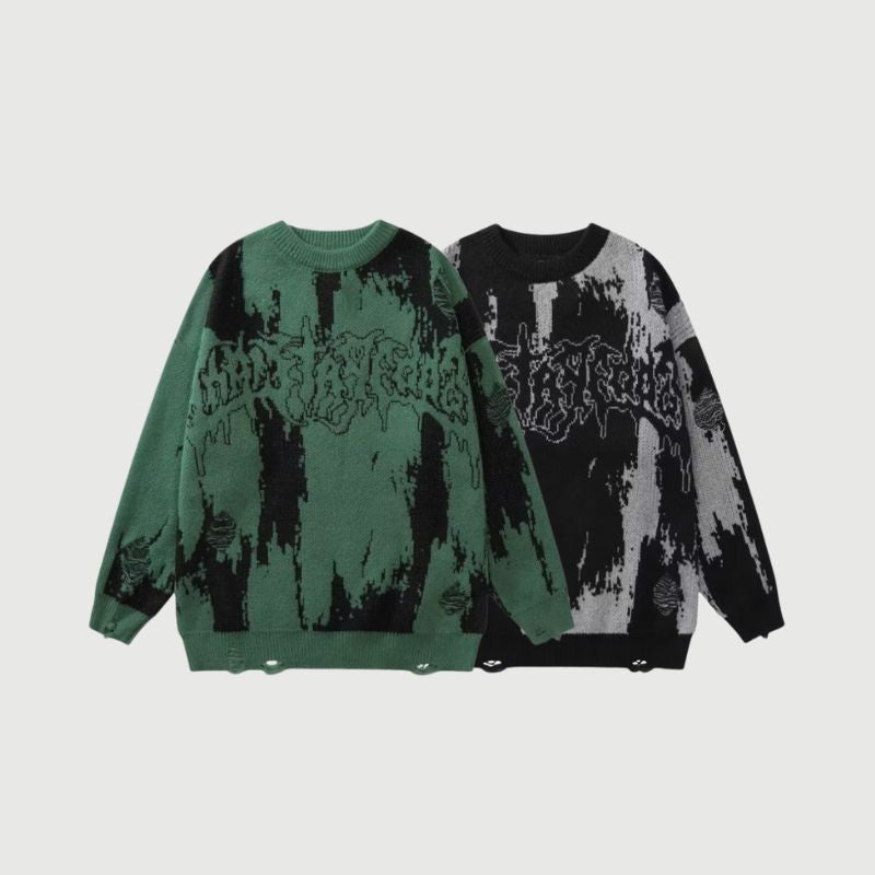 Vintage Distressed Color-Block Knit Sweater