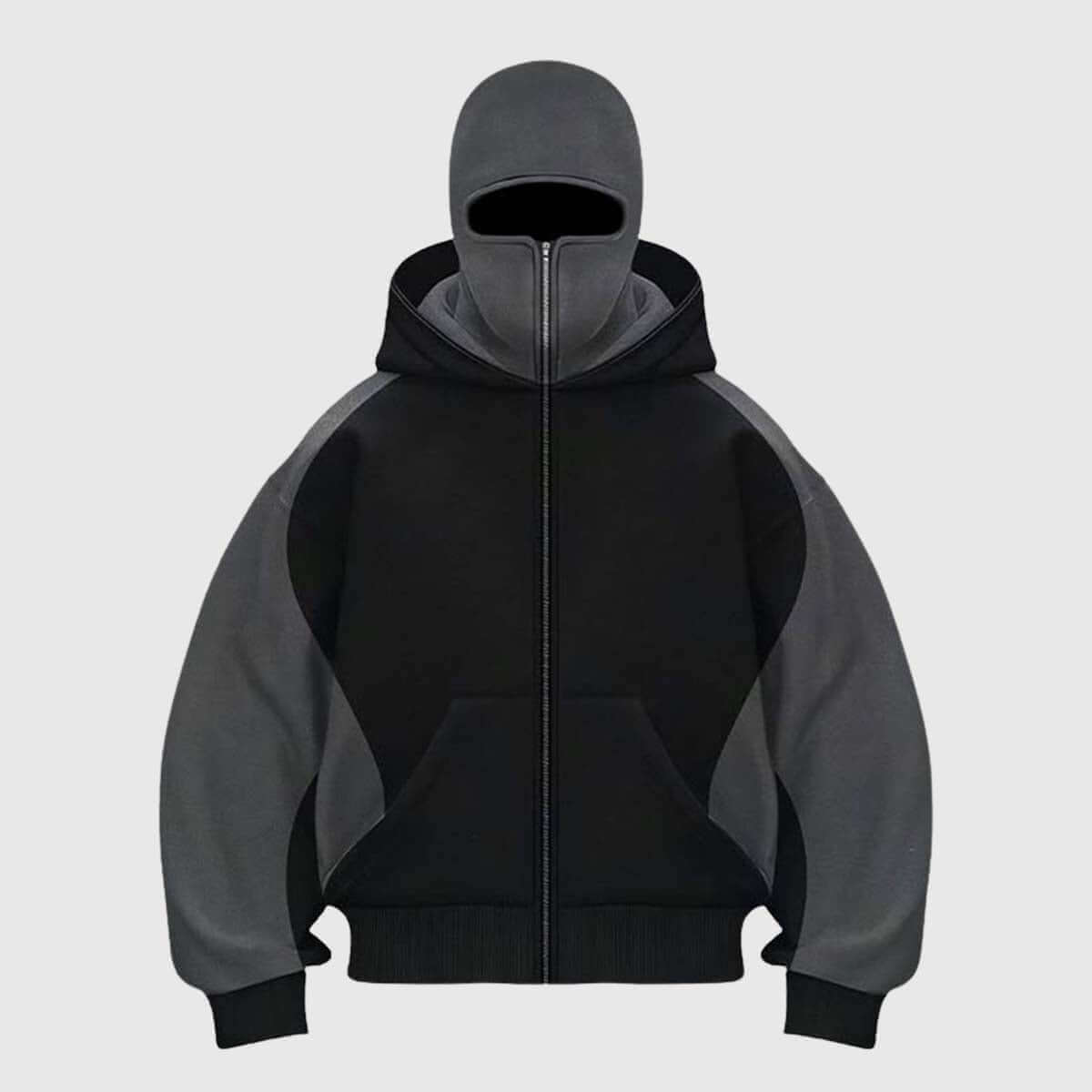 Y2K colorblock hoodie featuring a modern design in black and gray, showcasing casual street style and comfort.