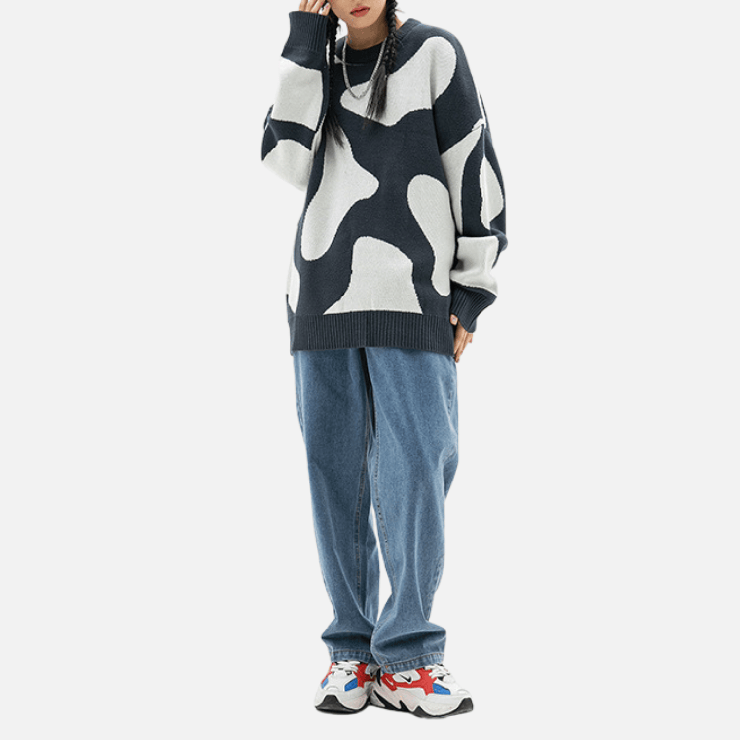 Suéter con bloques de color y estampado de vaca