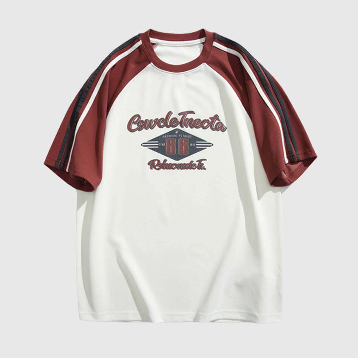Vintage graphic raglan shirt featuring Route 66 print, red sleeves, and comfortable fit for casual everyday wear.
