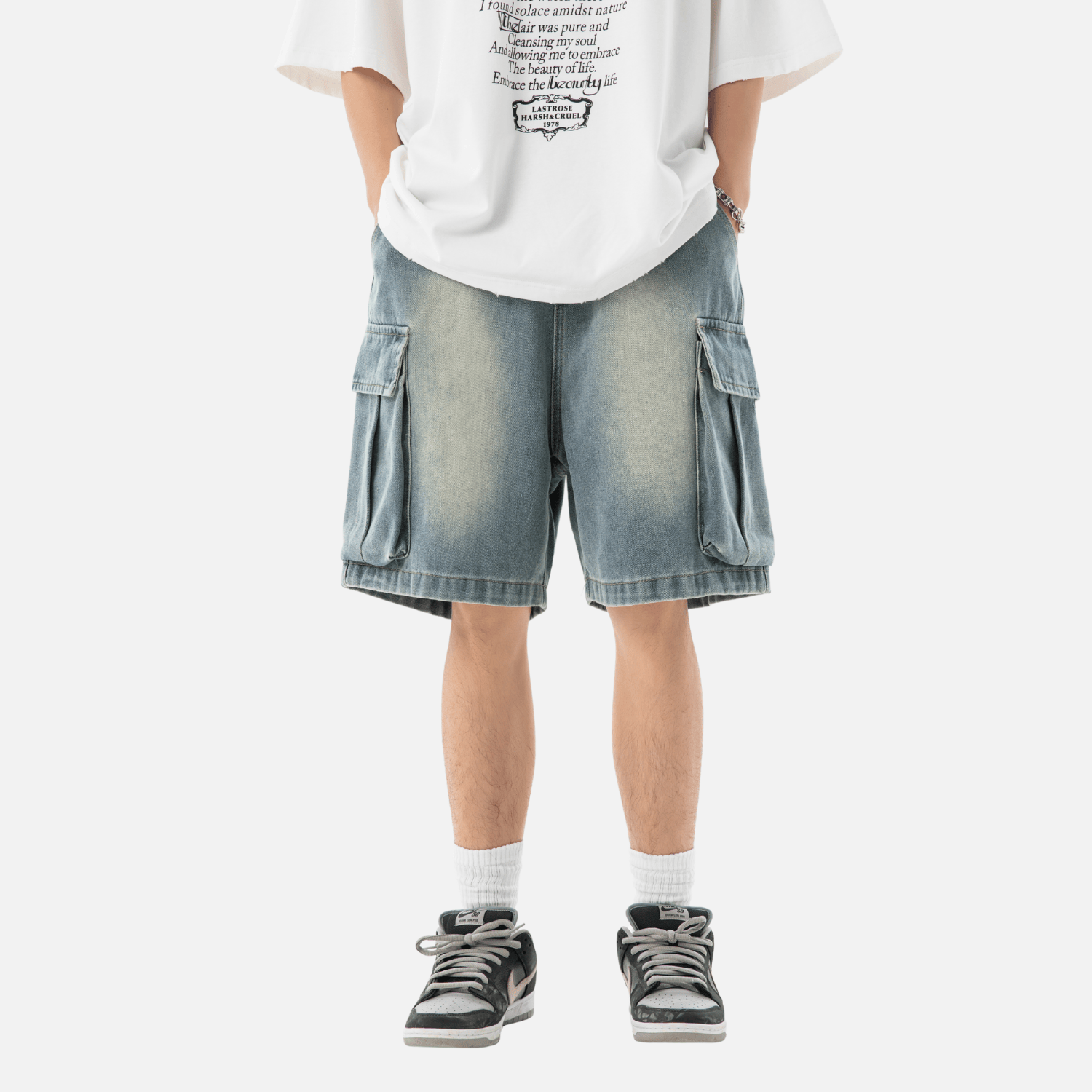 Washed Denim Cargo Shorts