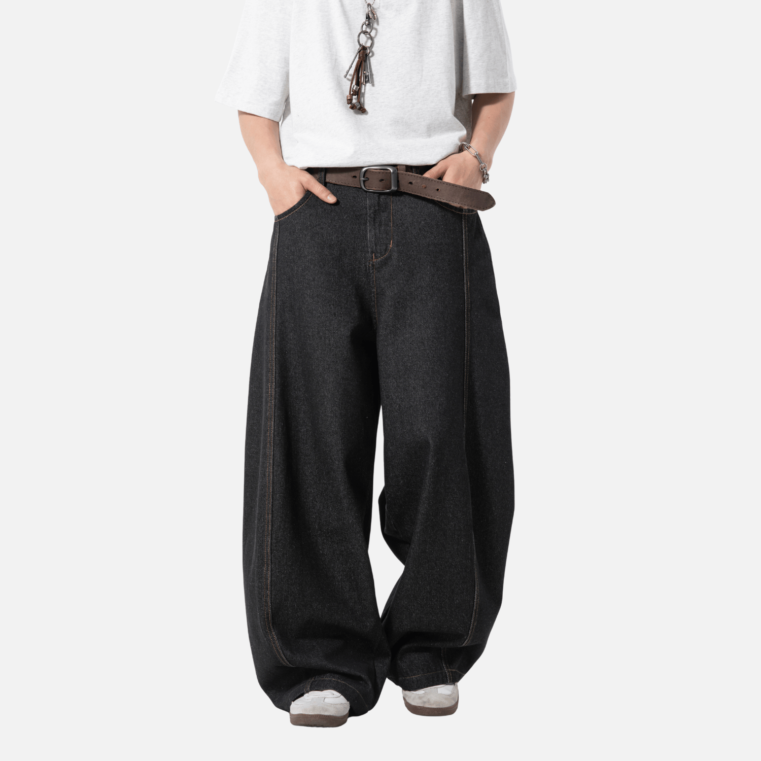 Topstitch Slant Baggy Denim Pants