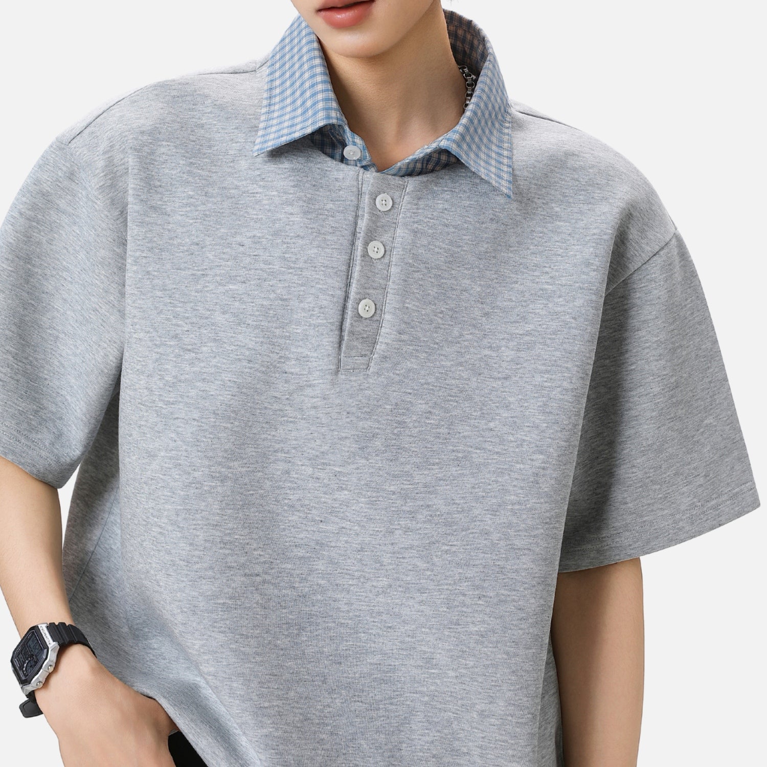 Faux-Layered Plaid Polo Tee