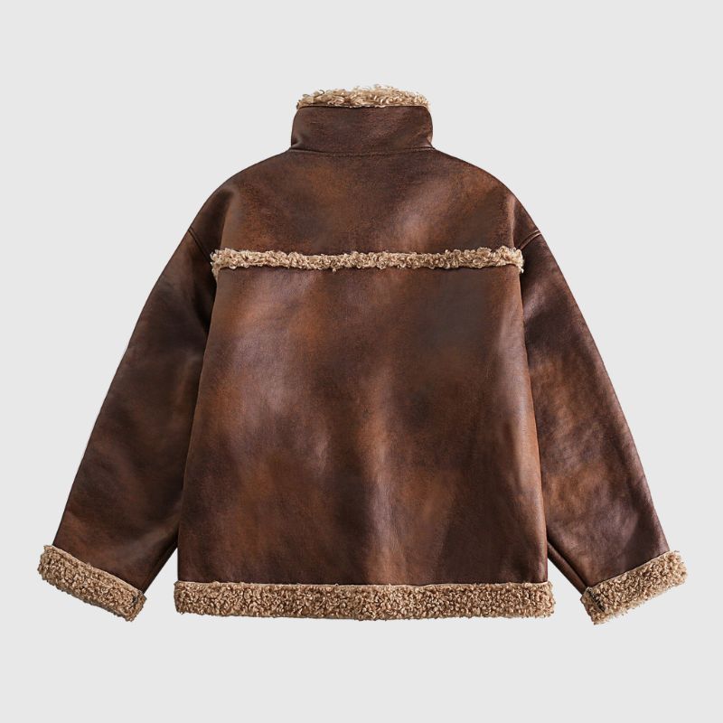 Vintage Faux Shearling PU Leder Motorradmantel