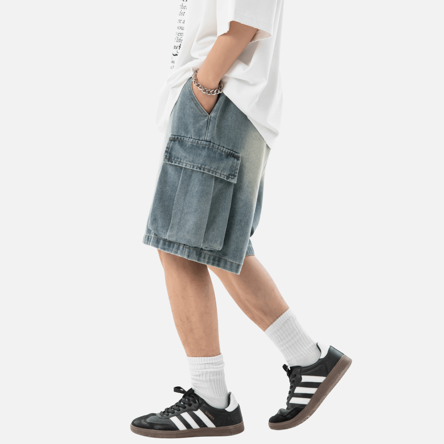 Washed Denim Cargo Shorts
