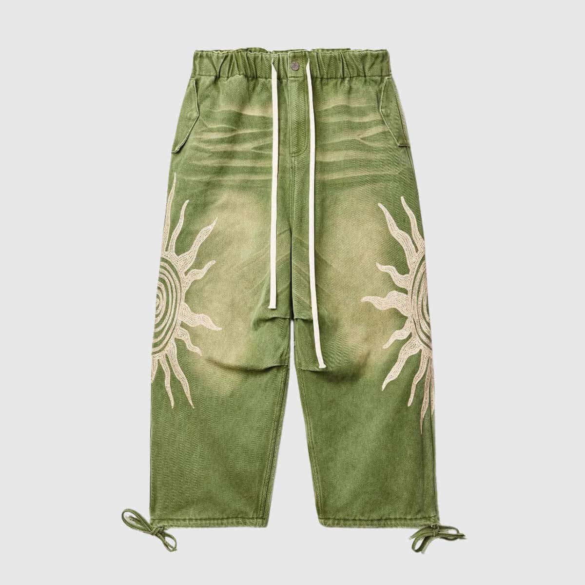 Sun graphic drawstring pants in green, featuring a bold sun design and relaxed fit for comfort.